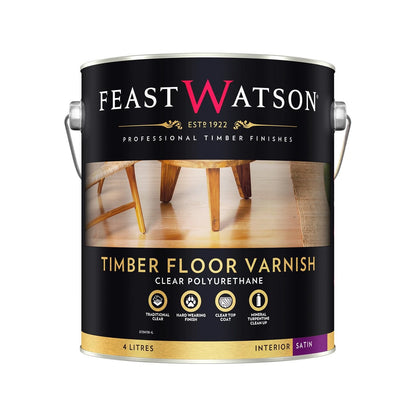 Feast Watson 4L Satin Timber Floor Varnish, Oil-Based, Durable, Low Odour, Interior Use
