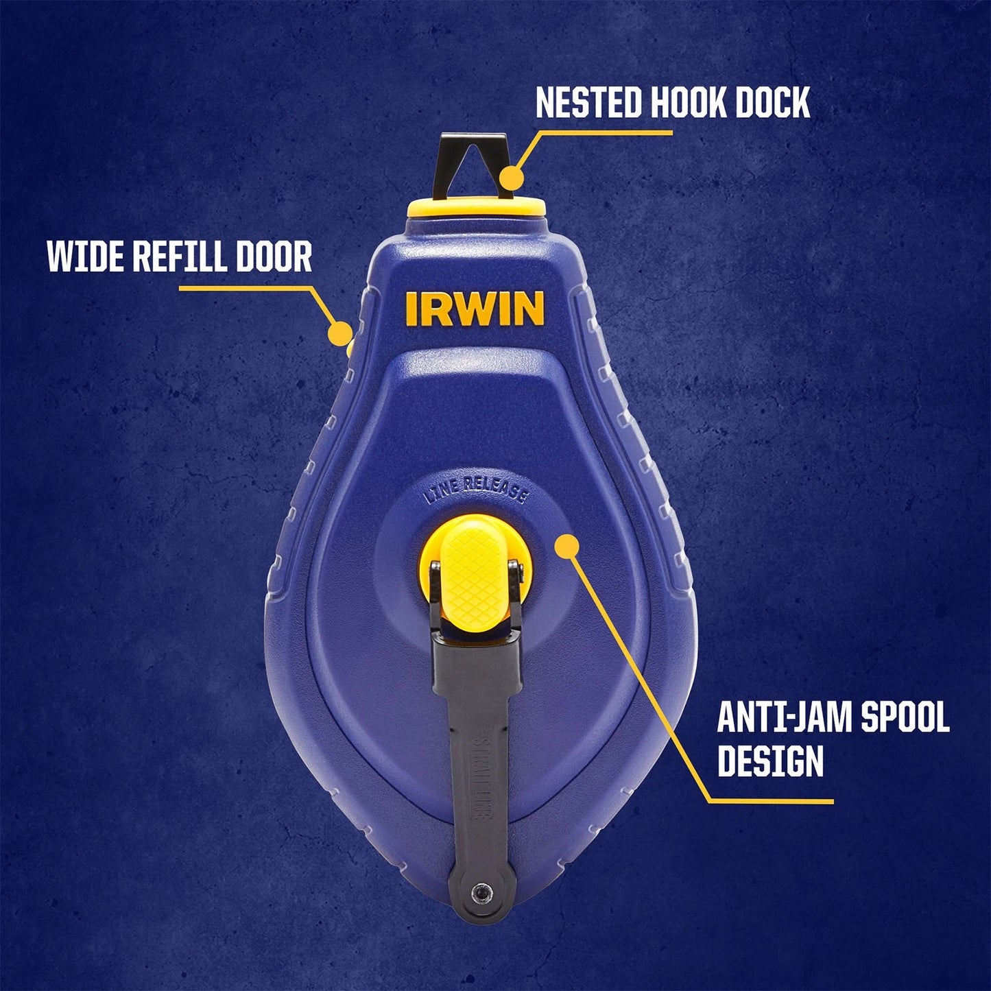 IRWIN Chalk Reel 30M with Fast Rewind, Anti-Jam Spool, Blue Chalk & Line Level