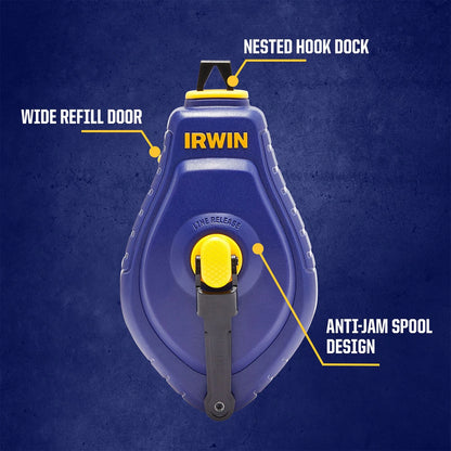 IRWIN Chalk Reel 30M with Fast Rewind, Anti-Jam Spool, Blue Chalk & Line Level