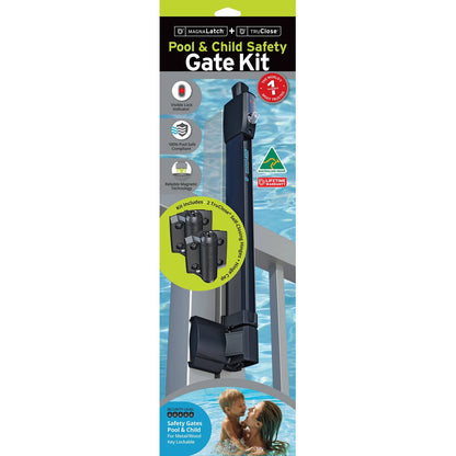 MagnaLatch Pool Gate Latch Kit with TruClose Hinges, Black, Child Safety, Easy Install