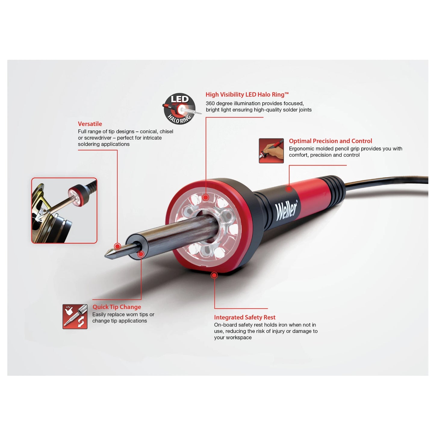 Weller 230V 30W Soldering Iron with LED Halo, Ergonomic Grip, Interchangeable Tips
