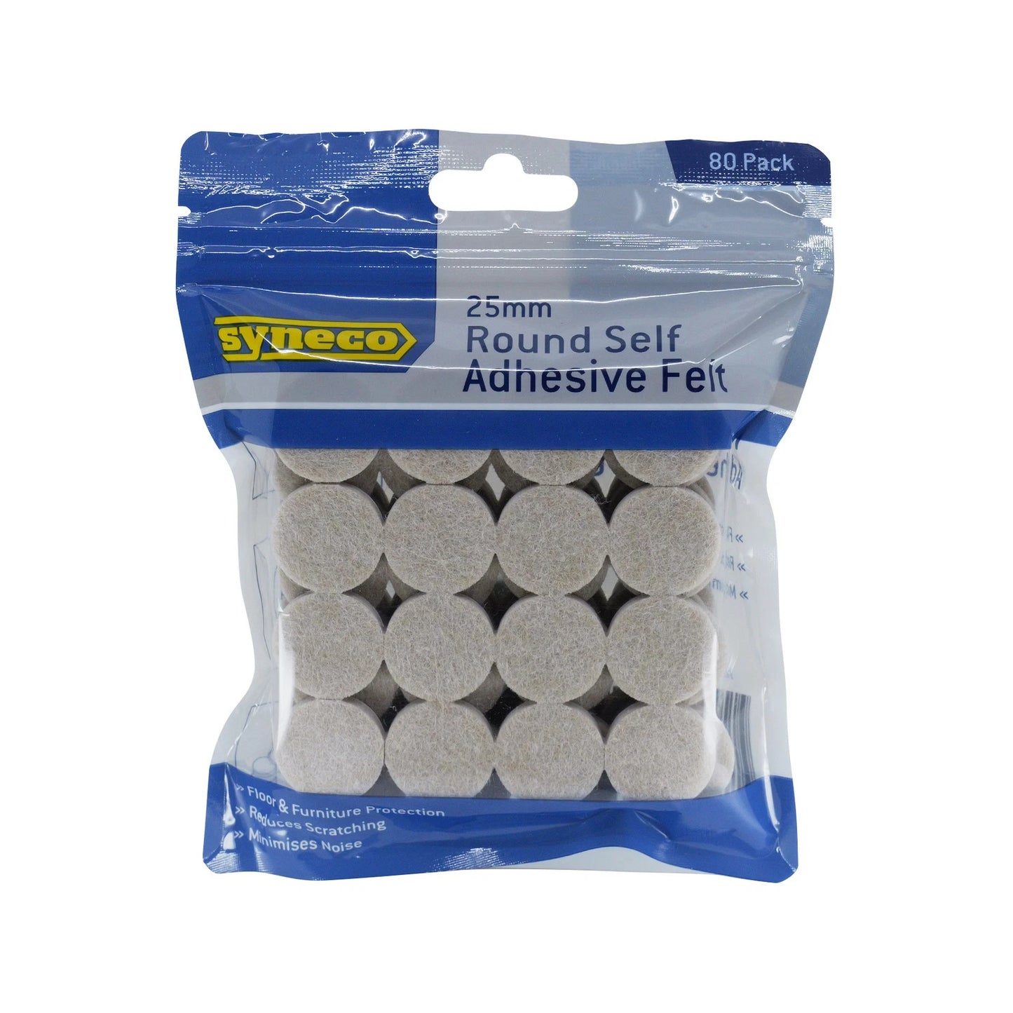 Syneco 25mm Round Felt Floor Protectors, Self-Adhesive, Pack of 80, Indoor Use