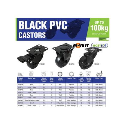 Easyroll 50mm Black PVC Fixed Castor, Durable & Shock-Absorbent Wheels, Indoor/Outdoor Use