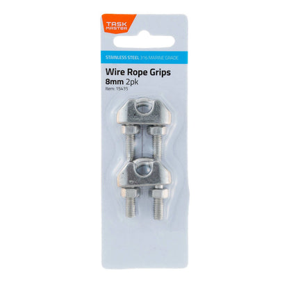 Taskmaster 8mm 316 Stainless Steel Wire Rope Grips, Anti-Corrosive, 2 Pack