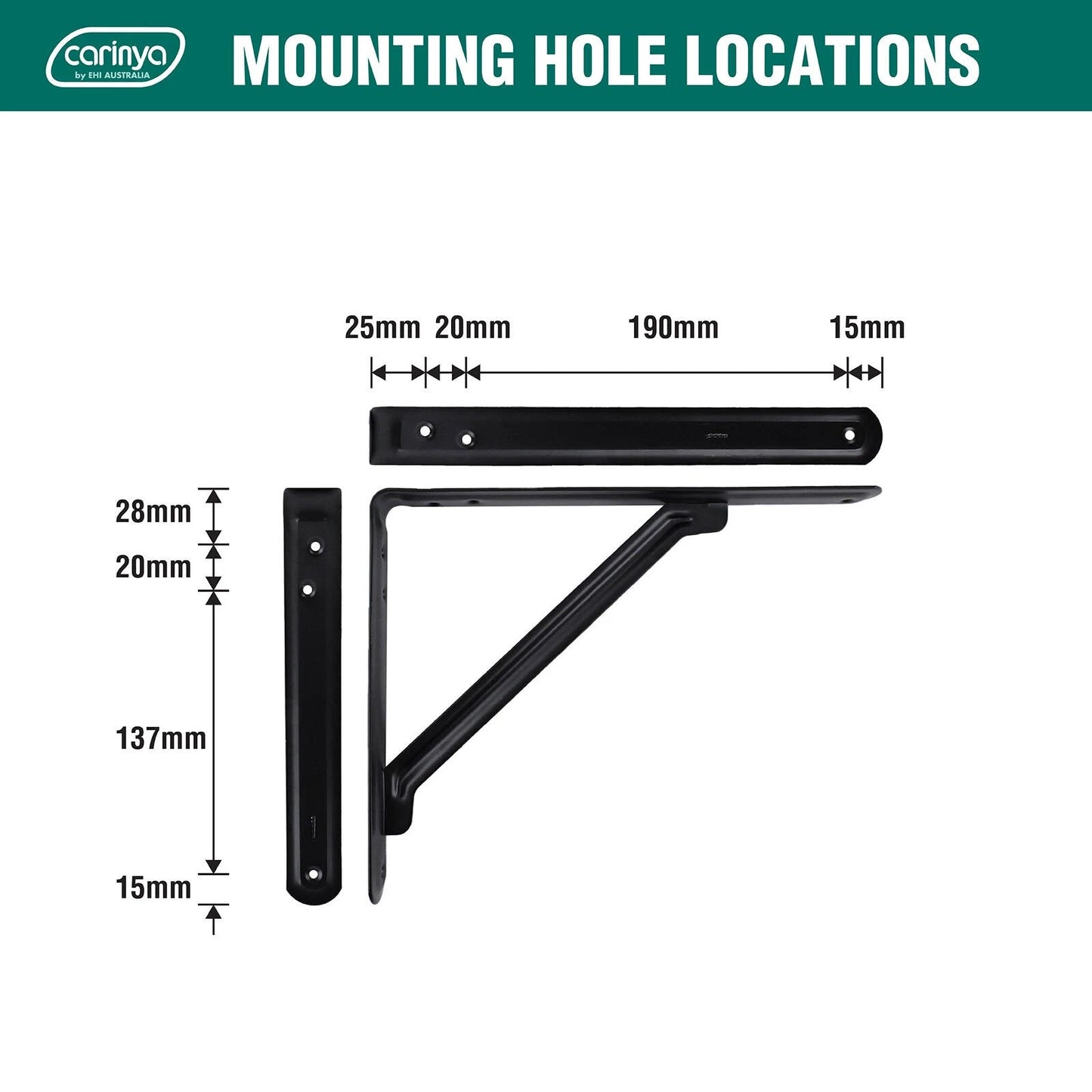 Carinya Black Light Stayed Bracket 250x200mm, Powder Coated Steel, 75kg Load Capacity