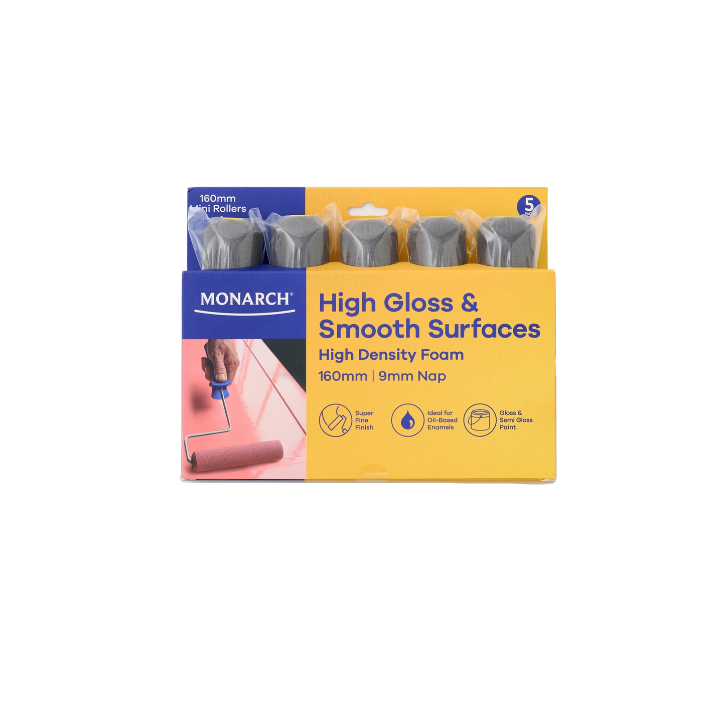 Monarch 160mm Dark High Density Foam Mini Roller 5 Pack - High Gloss Finish, Oil-Based Paints