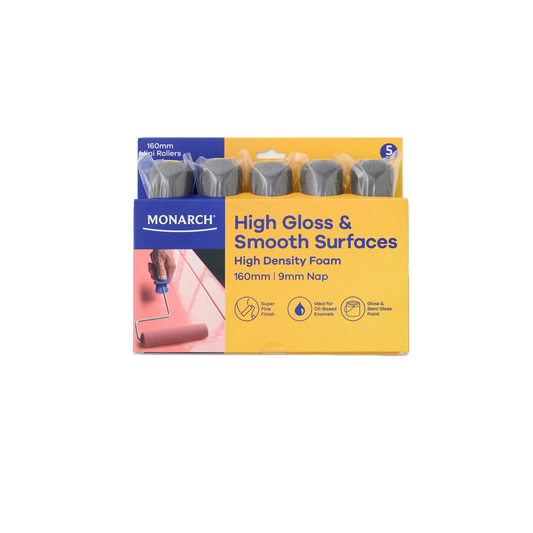 Monarch 160mm Dark High Density Foam Mini Roller 5 Pack - High Gloss Finish, Oil-Based Paints