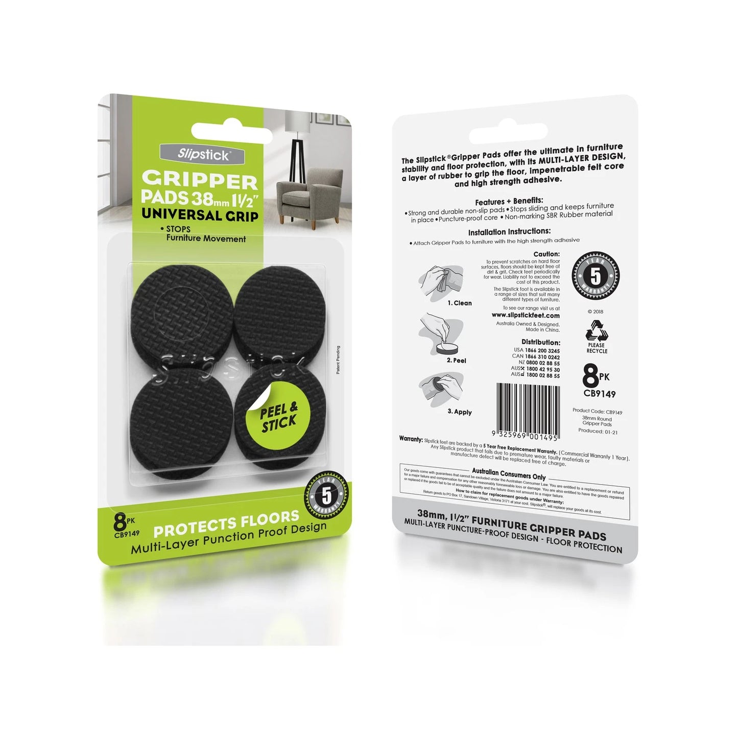 Slipstick 38mm Round Gripper Floor Protection Pads, Non-Slip, 8 Pack, 5-Year Warranty