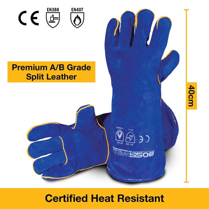 Bossweld 16" Blue Welding Gloves - Heavy Duty, Fully Lined, Extra Length, Premium Leather