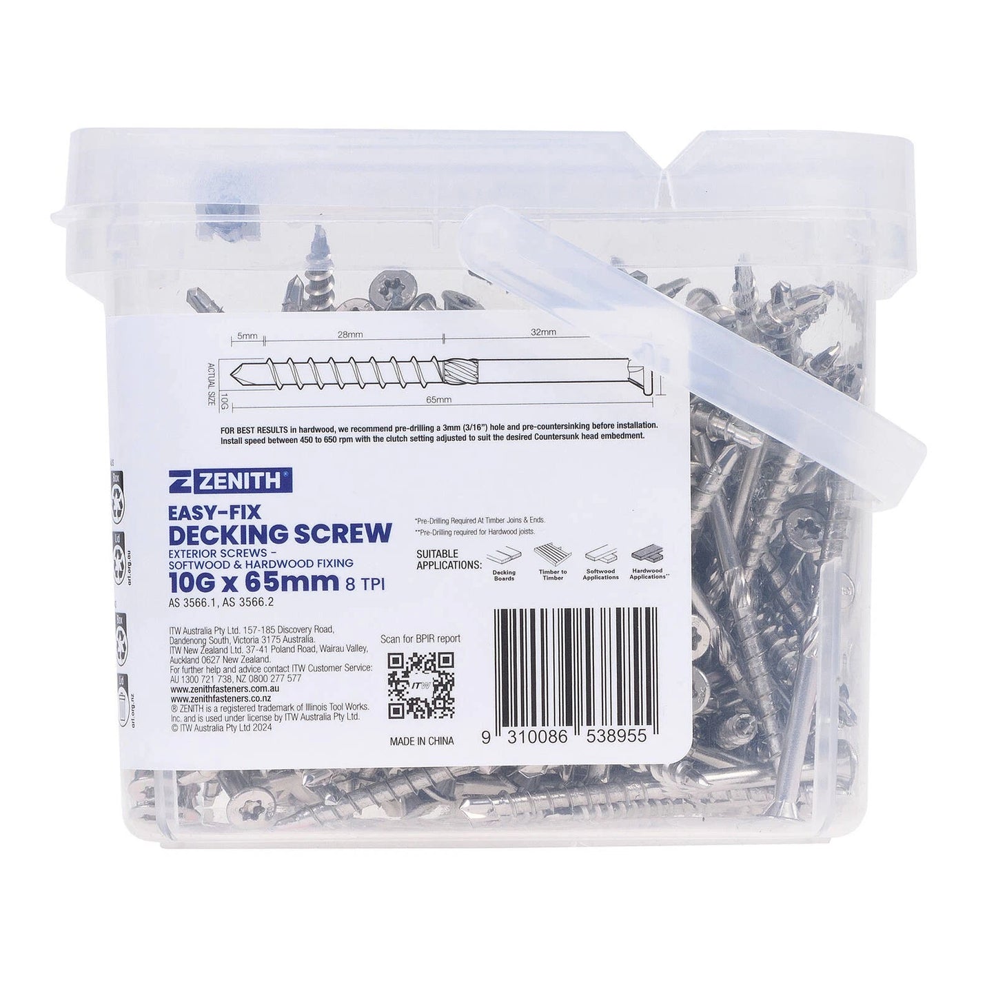Zenith Easy-Fix SS304 Decking Screws T20 10G x 65mm - 250 Pack, Corrosion Resistant