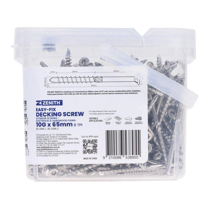 Zenith Easy-Fix SS304 Decking Screws T20 10G x 65mm - 250 Pack, Corrosion Resistant
