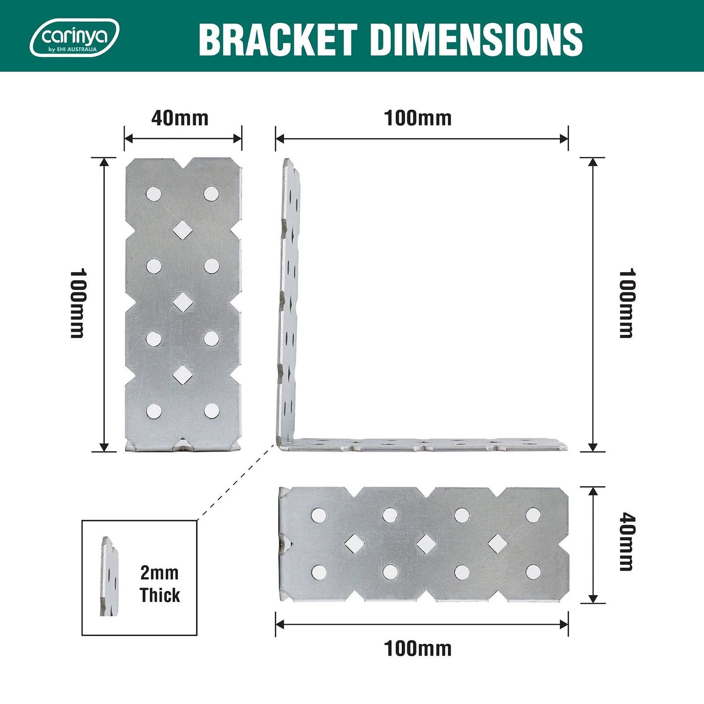 Carinya Galvanised Angle Bracket 100x100x40x2mm, Customisable & Durable Steel