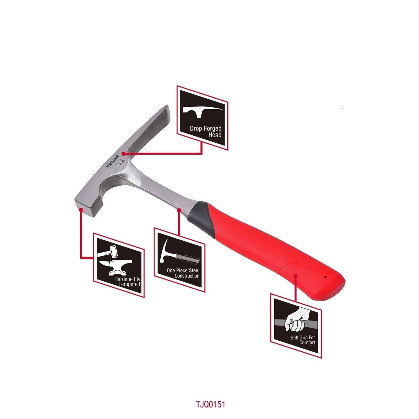 Trojan 600g Steel Brick Hammer - Induction Hardened, Ergonomic Anti-Slip Handle, Lifetime Warranty