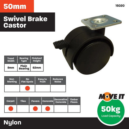 Move It 50mm Hooded Plate Furniture Castor with Brake, Twin Nylon Wheels, Swivel, 2 Pack