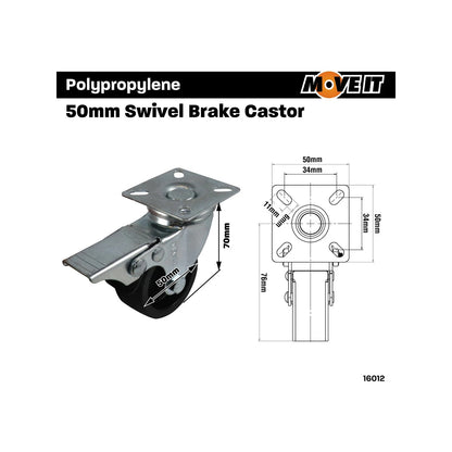 Move It 50 PP Swivel Brake Castor, 50mm Nylon Wheel, 40kg Load, Carpet & Timber Use