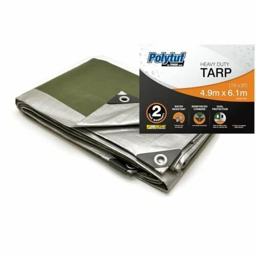 Polytuf Heavy Duty Tarpaulin 4.9x6.1m Silver/Green, UV & Water Resistant, Reinforced Corners