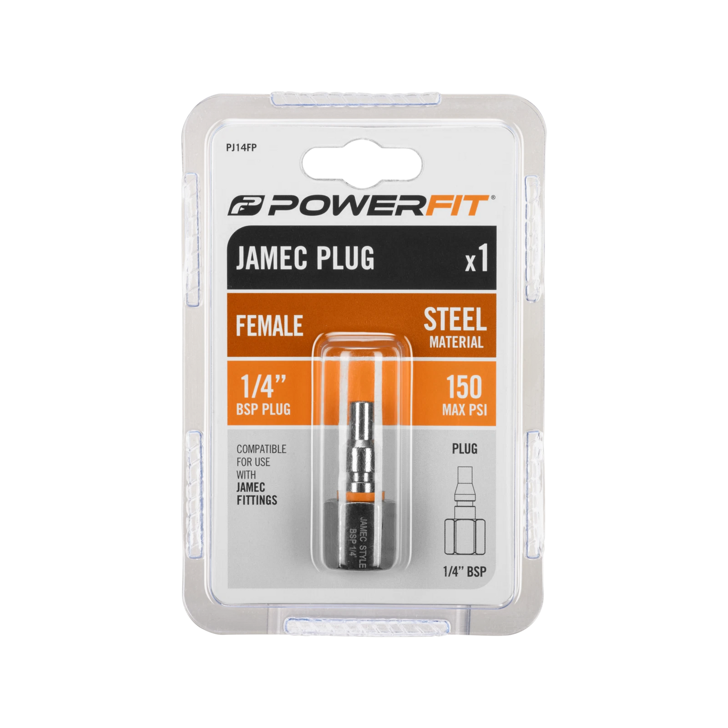 Powerfit Jamec Style 1/4" Female Plug, 150 PSI, Durable Steel, Orange Band