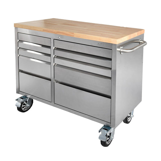 Pinnacle 107cm Stainless Steel Tool Trolley with Rubber Wood Top & Lockable Drawers
