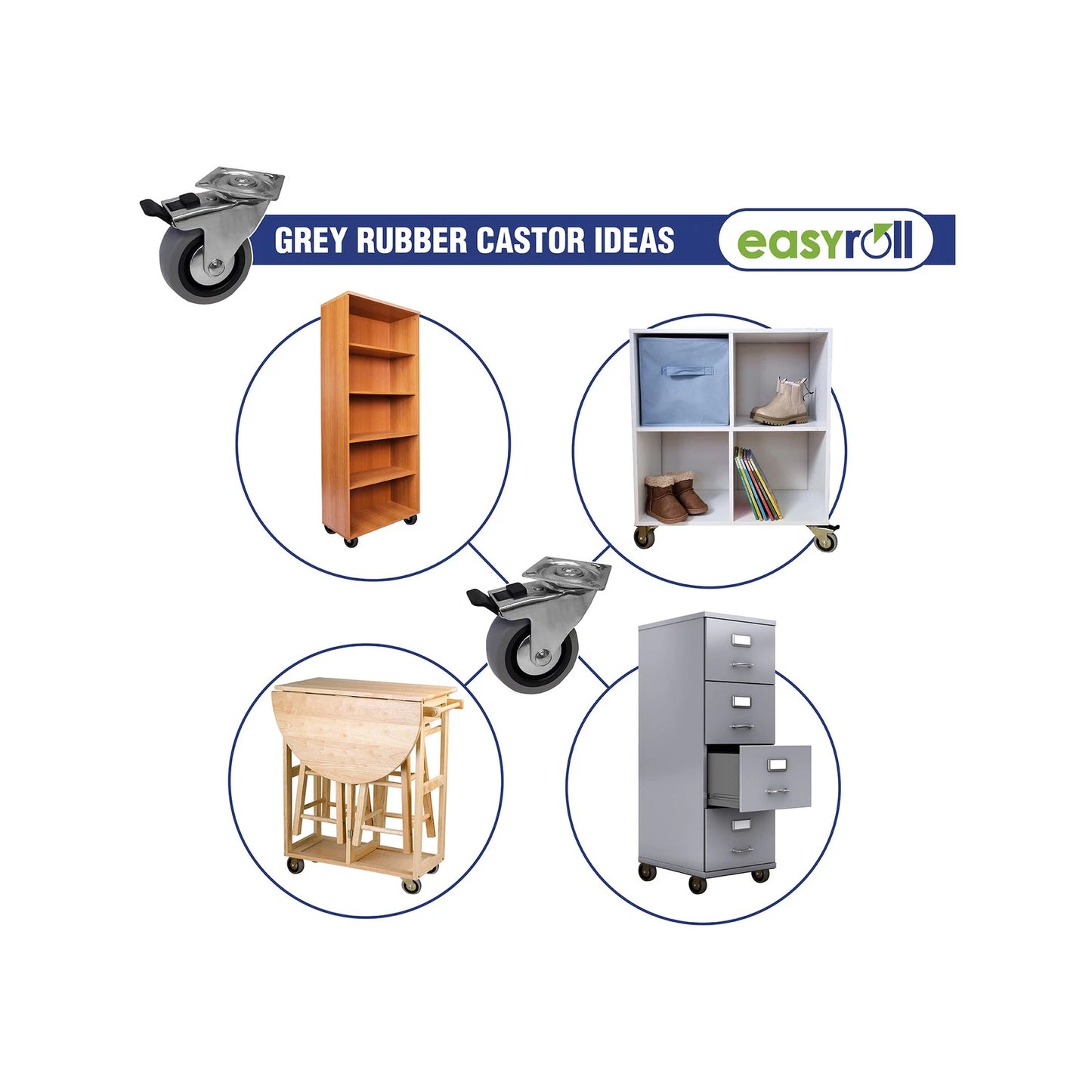 Easyroll 50mm Grey Rubber Fixed Plate Castor, 40kg Load, Indoor Use