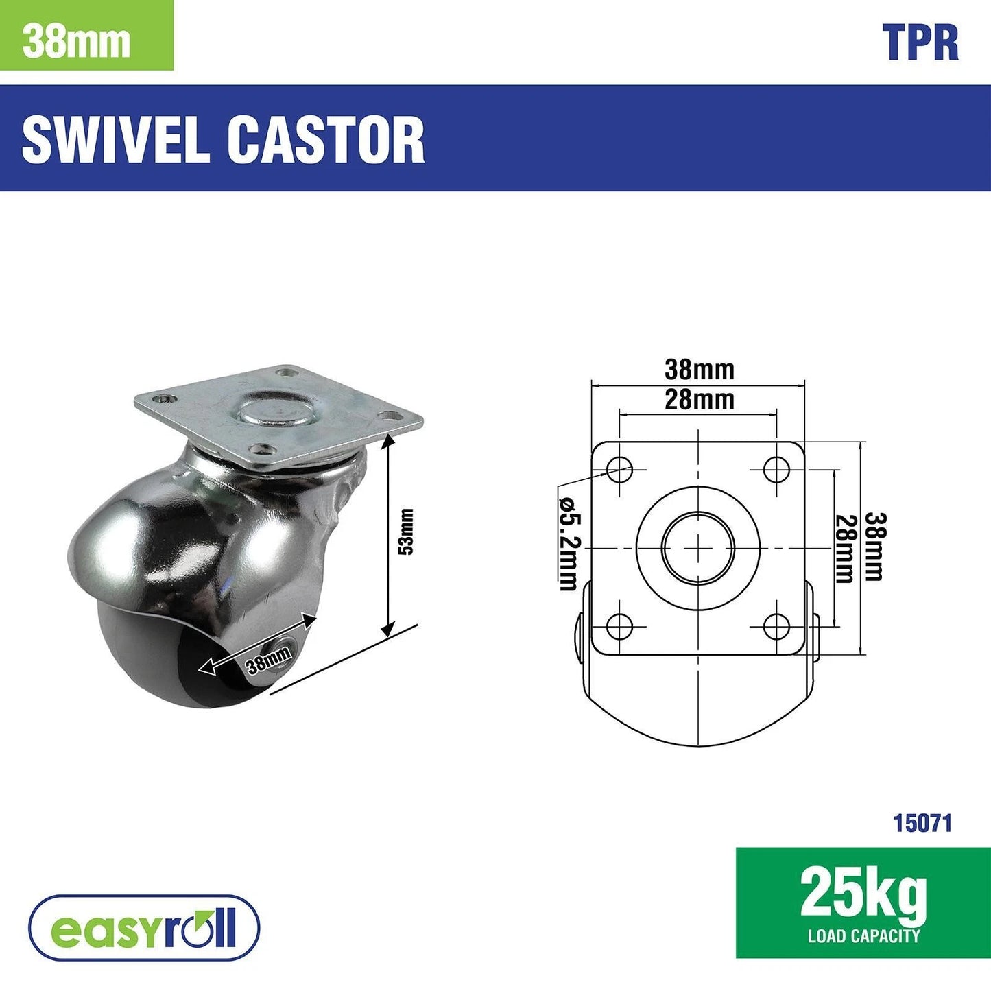 Easyroll 38mm 25kg Swivel Plate TPR Ball Wheel Castor for Indoor Furniture