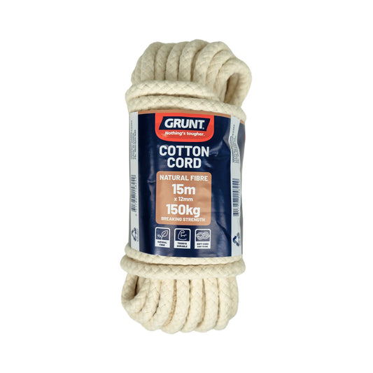 GRUNT 12mm x 15m Cotton Cord, Natural Fibre, 150kg Break Strength, Soft & Durable