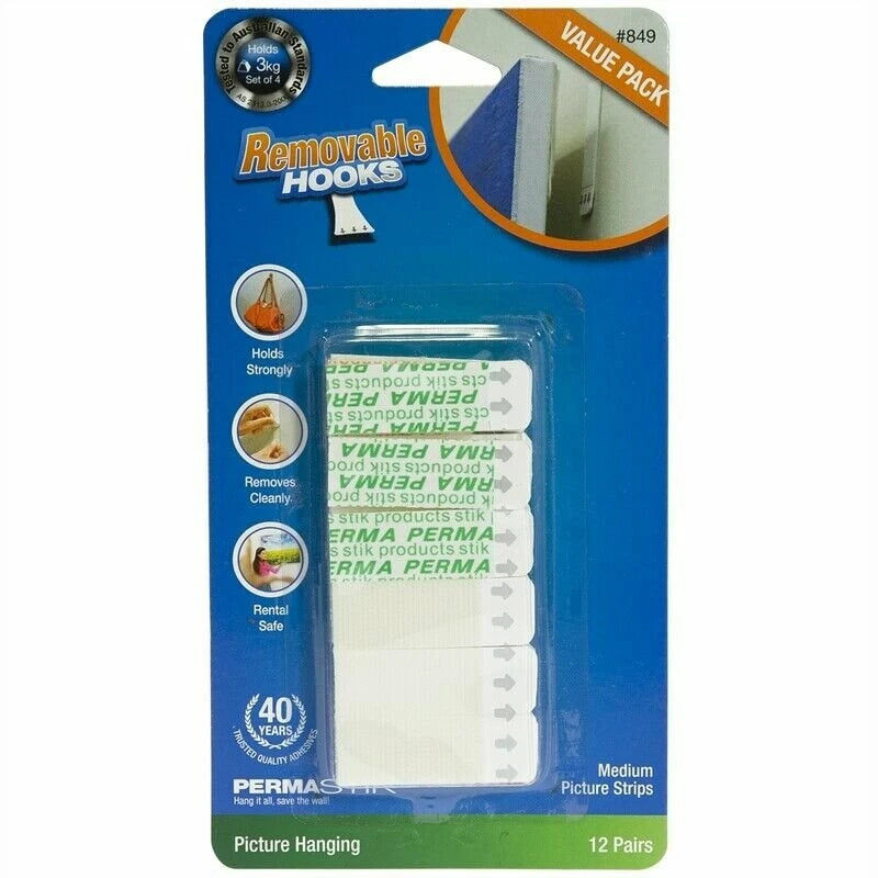 Permastik Medium Picture Strips - Easy Damage-Free Wall Hanging, 12 Pairs, Strong Hold