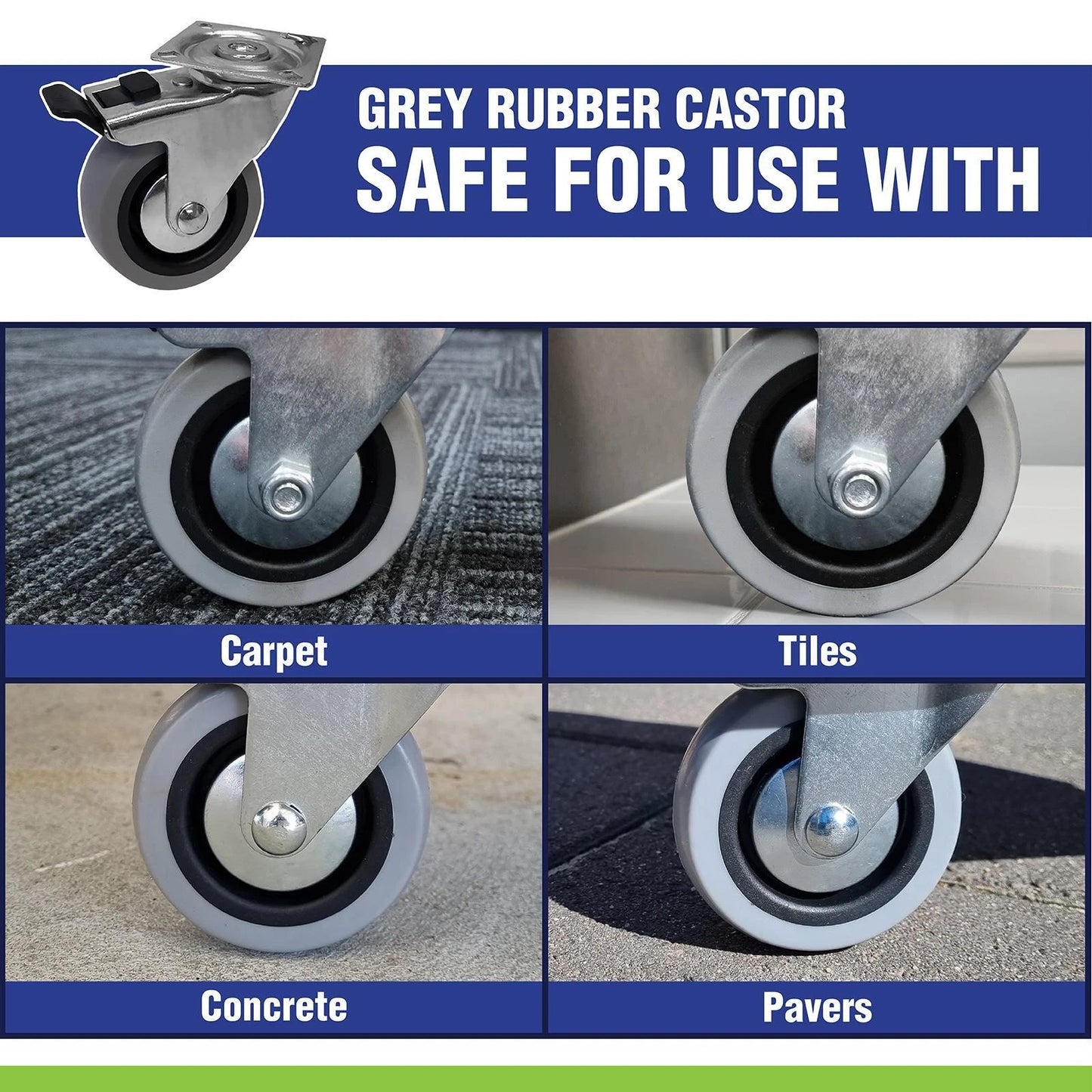 Easyroll 50mm Grey Rubber Fixed Plate Castor, 40kg Load, Indoor Use