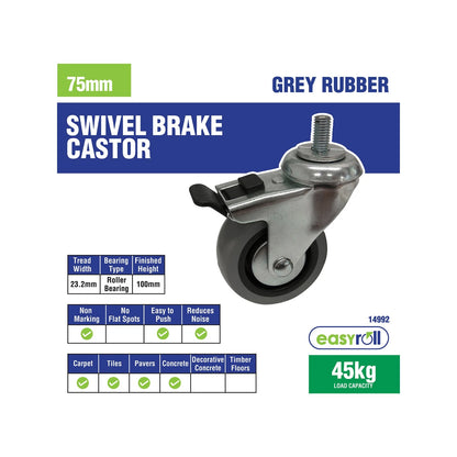 Easyroll 75mm Grey Rubber Swivel Castor with Brake, 45kg Load Capacity