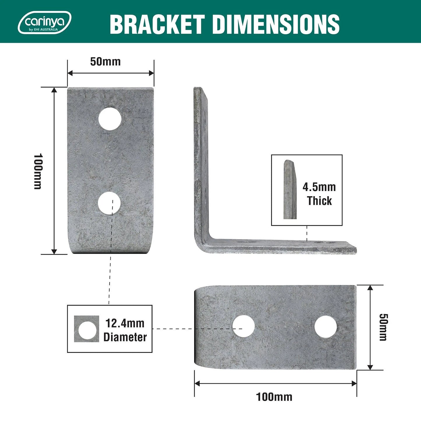 Carinya Galvanised Reinforcing Angle Bracket 100x100x50mm, Durable Steel, Indoor/Outdoor Use