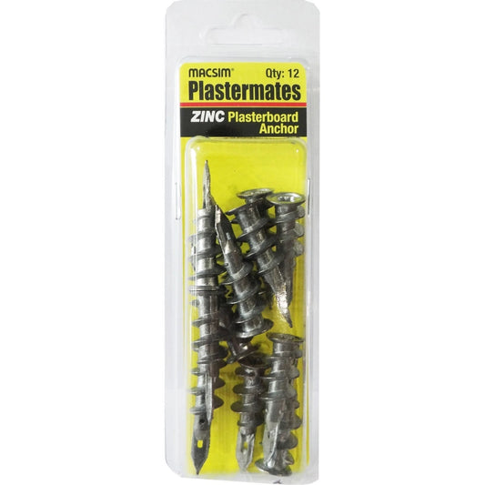 Macsim 42mm Zinc Plastermate Anchors 12 Pack - Secure Lightweight Fixtures