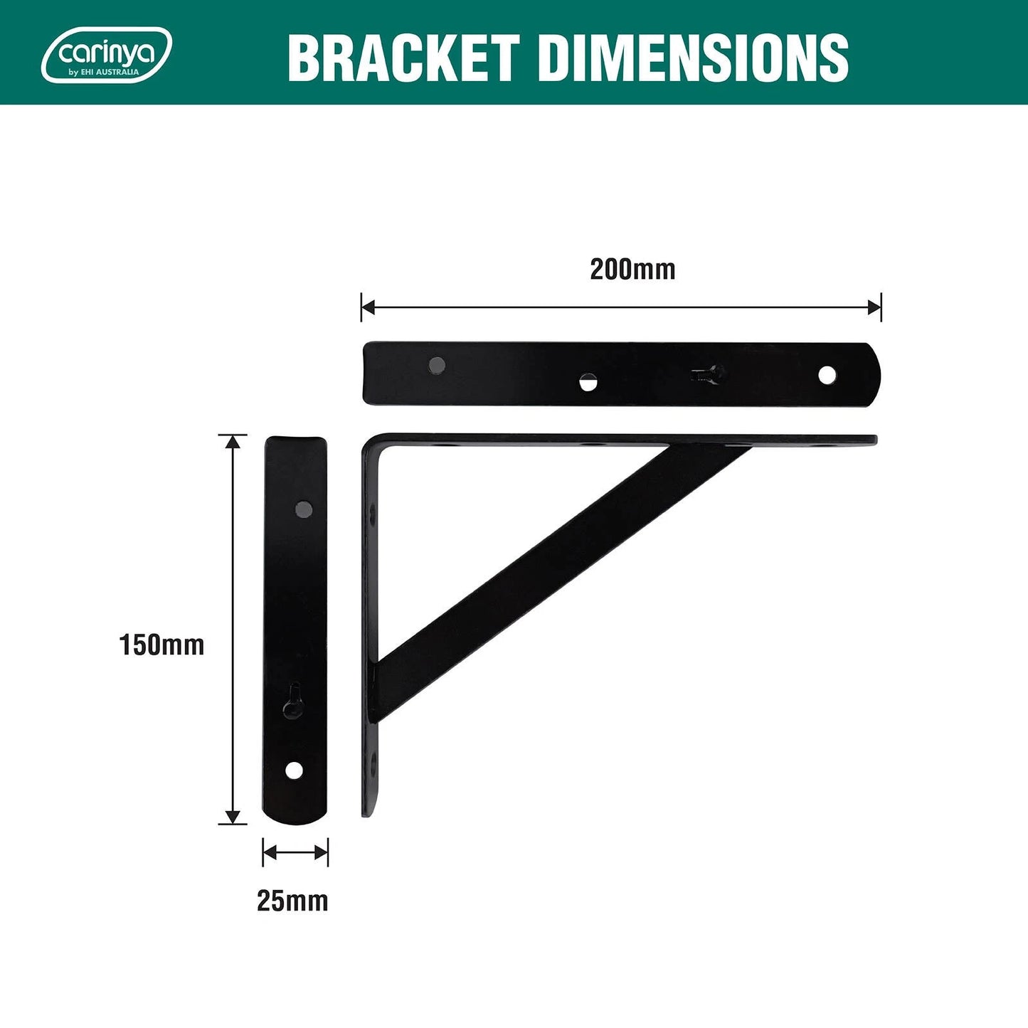 Carinya Black Heavy Duty Bracket 200x150mm, 225kg Load, Indoor/Outdoor Use