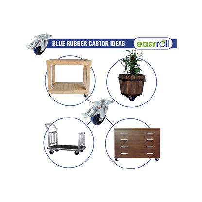 Easyroll 100mm Blue Rubber Fixed Castor, 150kg Load, Swivel, Indoor/Outdoor Use
