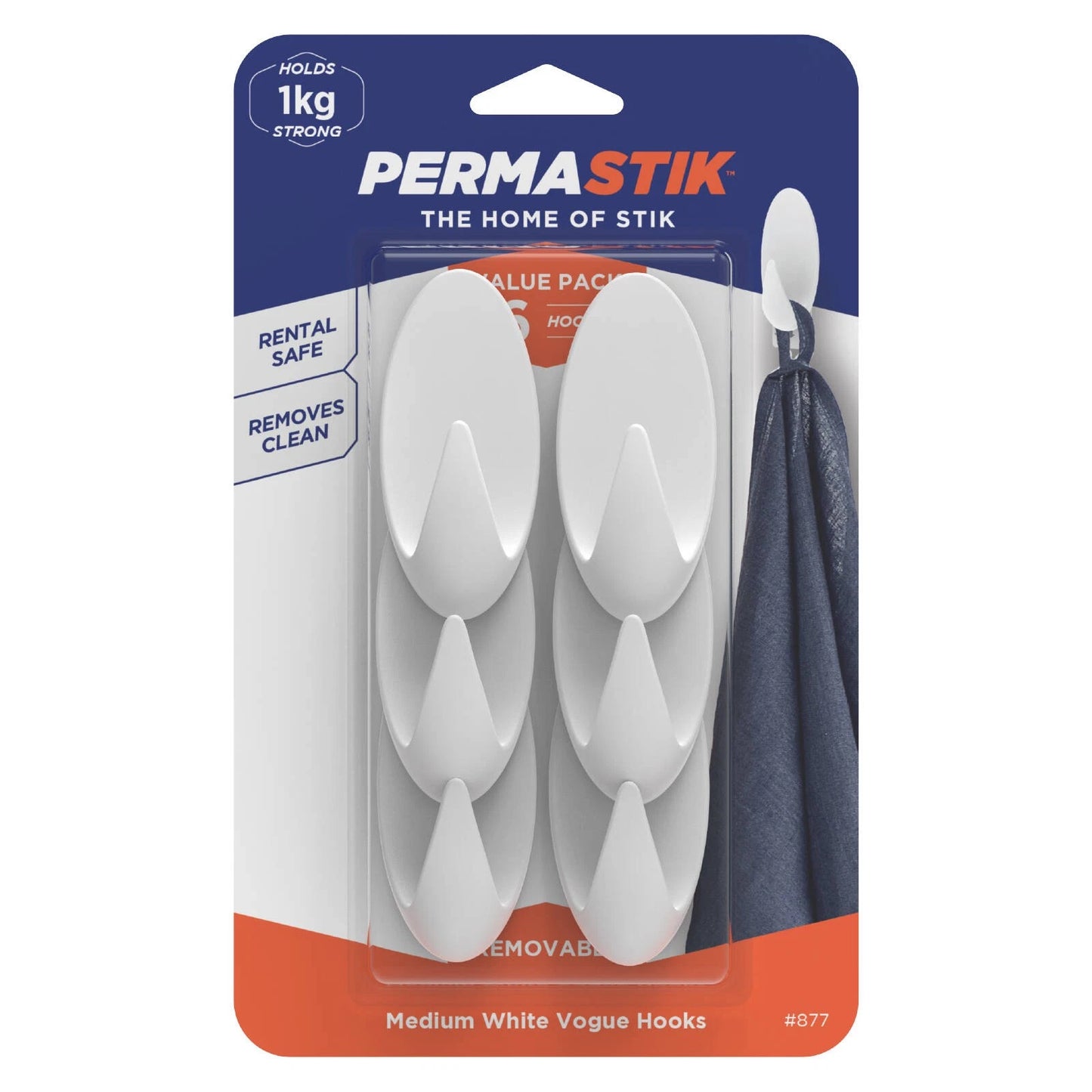 Permastik Medium Vogue Hooks 6 Pack - Self-Adhesive, Holds 1kg, Damage-Free, White