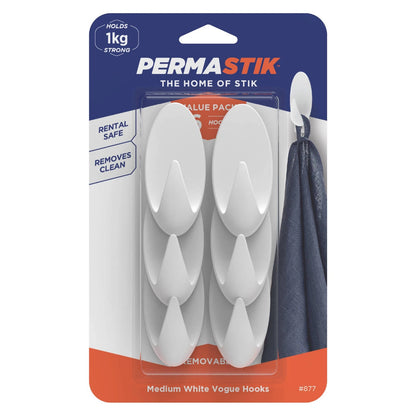 Permastik Medium Vogue Hooks 6 Pack - Self-Adhesive, Holds 1kg, Damage-Free, White