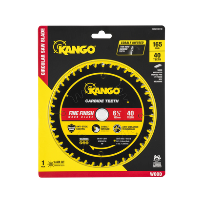 Kango 165mm 40T Wood Circular Saw Blade, Cobalt Teeth, Anti-Stick Coating, Thin Kerf Design