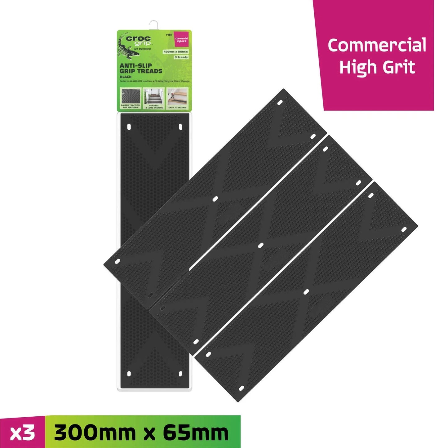 Croc Grip Black Grip Treads 400x100mm 3 Pack - Slip Resistant, Durable, Easy Install