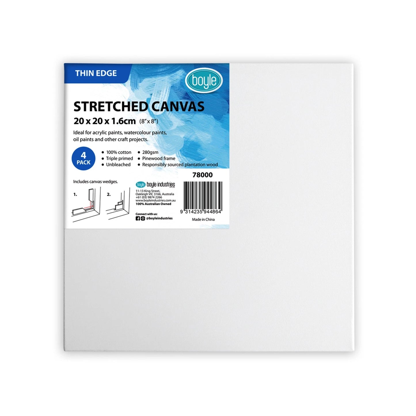 Boyle 20x20cm Thin Edge Stretched Canvas 4 Pack, 100% Cotton, Triple Primed, 280gsm