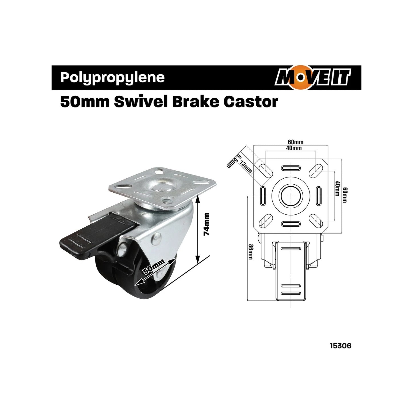 Move It 50mm Twin Wheel Castor with Swivel Brake, 70kg Load, Nylon Wheels