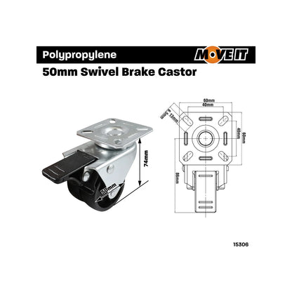 Move It 50mm Twin Wheel Castor with Swivel Brake, 70kg Load, Nylon Wheels