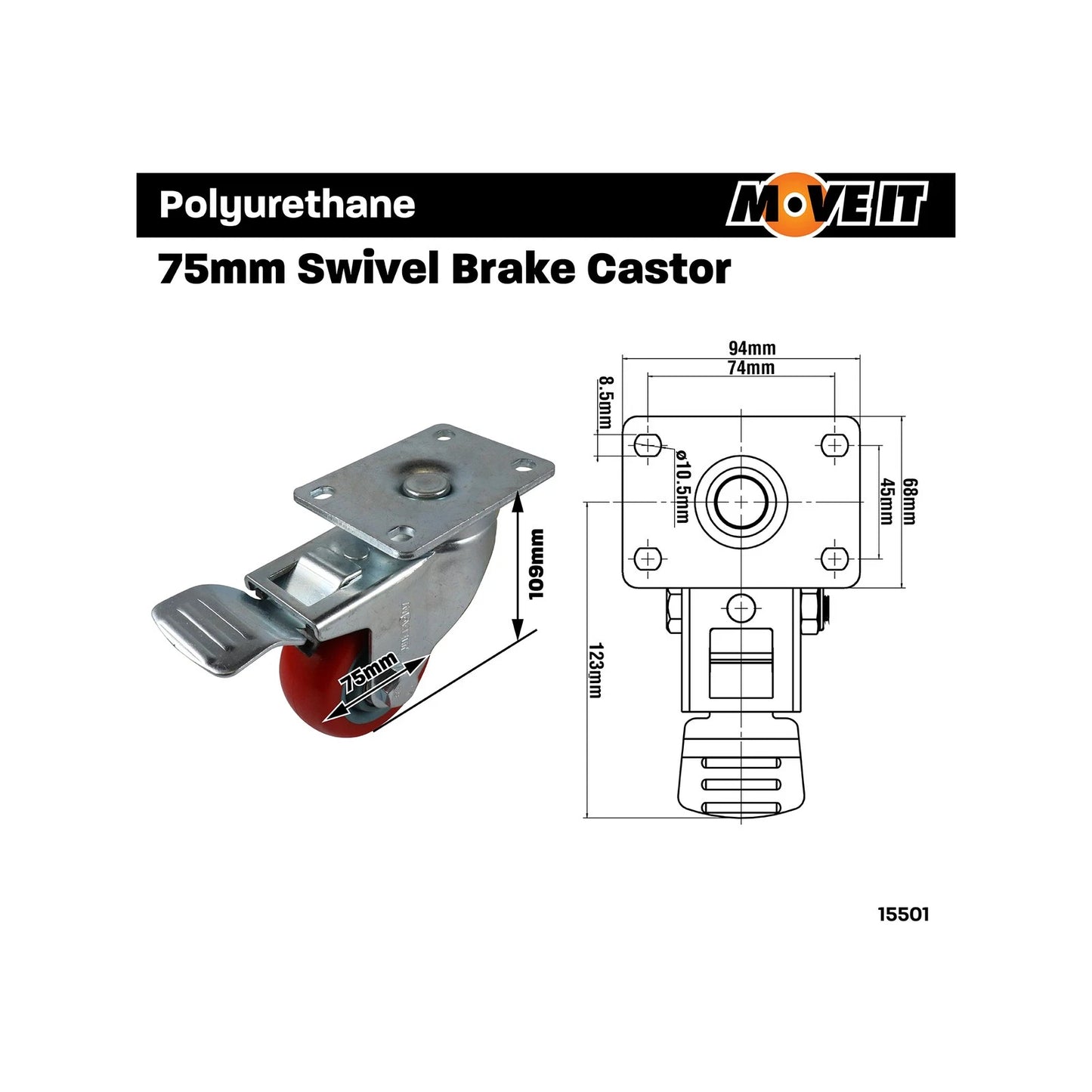 Move It 75mm Red Polyurethane Swivel Brake Castor 120kg Load Capacity