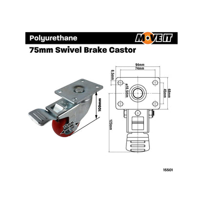 Move It 75mm Red Polyurethane Swivel Brake Castor 120kg Load Capacity