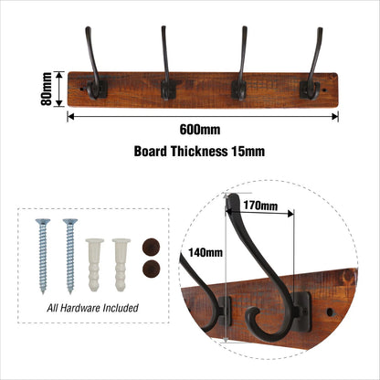 Adoored 600mm Black Rustic Hat & Coat Rack with 4 Hooks, Easy Install