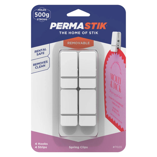 Permastik Spring Clips 4 Pack, Self-Adhesive, Holds 500g, Damage-Free Hanging, White