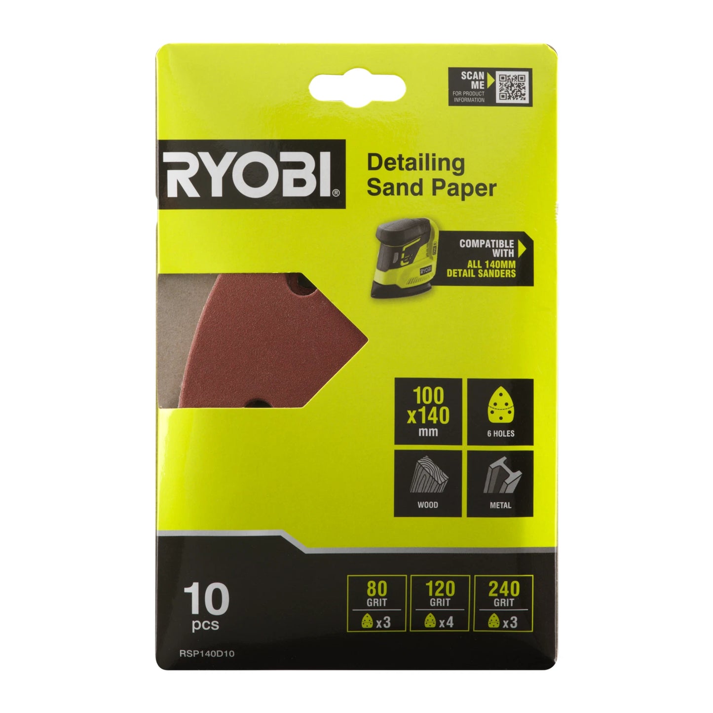 Ryobi 100x140mm 10-Piece Detail Sanding Set, 80/120/240 Grit, Hook & Loop, 6-Hole Design