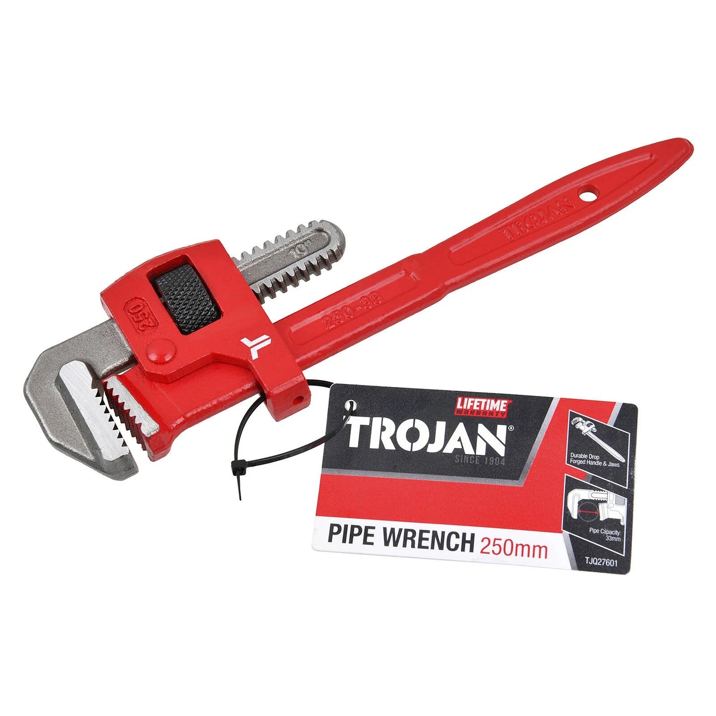 Trojan 250mm Pipe Wrench, Drop Forged Jaws, 33mm Capacity, Lifetime Warranty