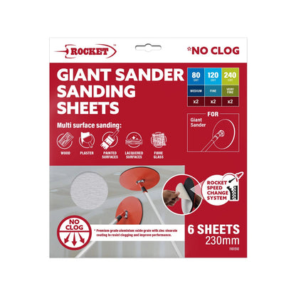 Rocket Giant Sander Sanding Sheets 6 Pack - Hook & Loop, Multiple Grits, 230mm x 230mm
