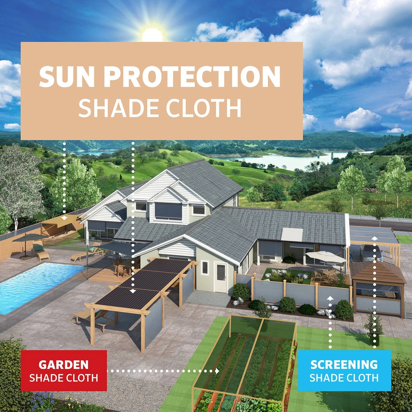 Coolaroo Black Sun Protection Shade Cloth 3.66 x 3m, 90% UV Block, Cancer Council Endorsed