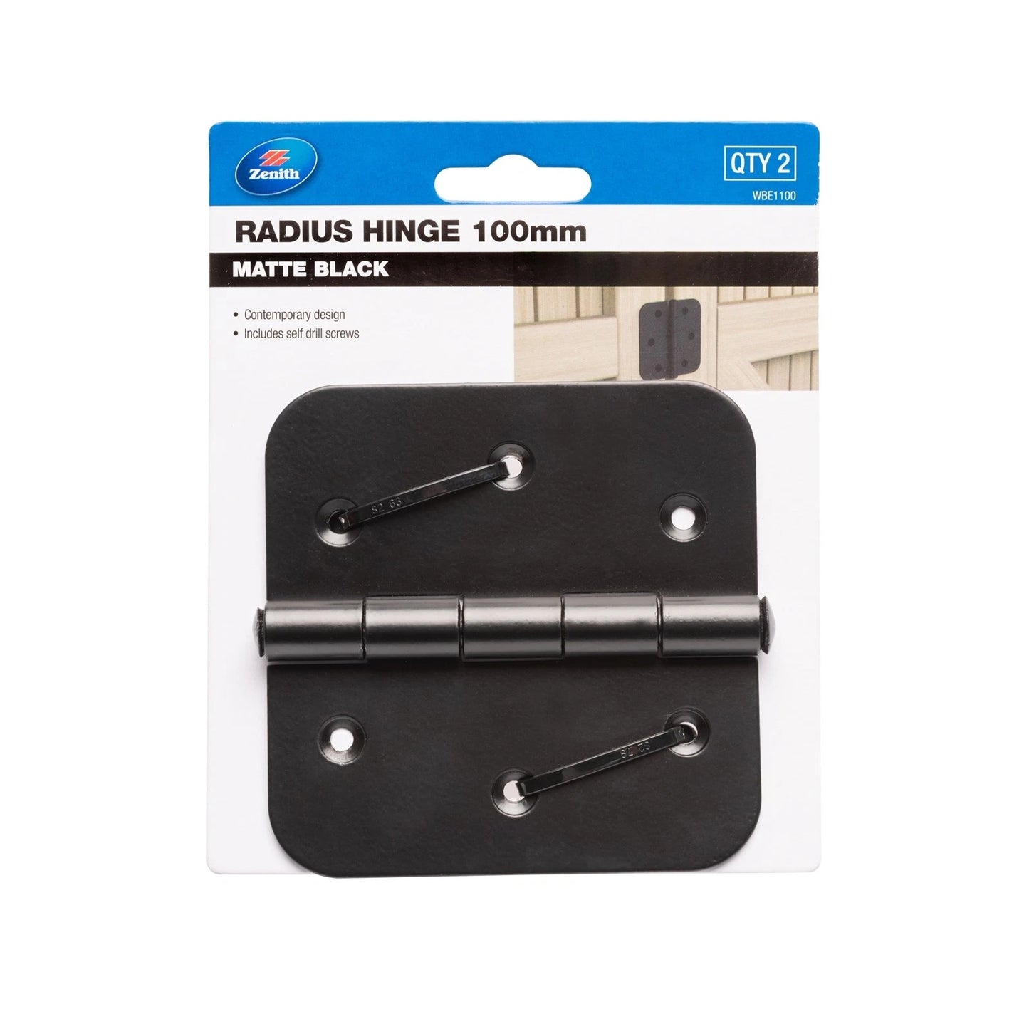 Zenith Matte Black 100mm Gate Radius Hinge - 2 Pack, Medium-Duty, Outdoor Use