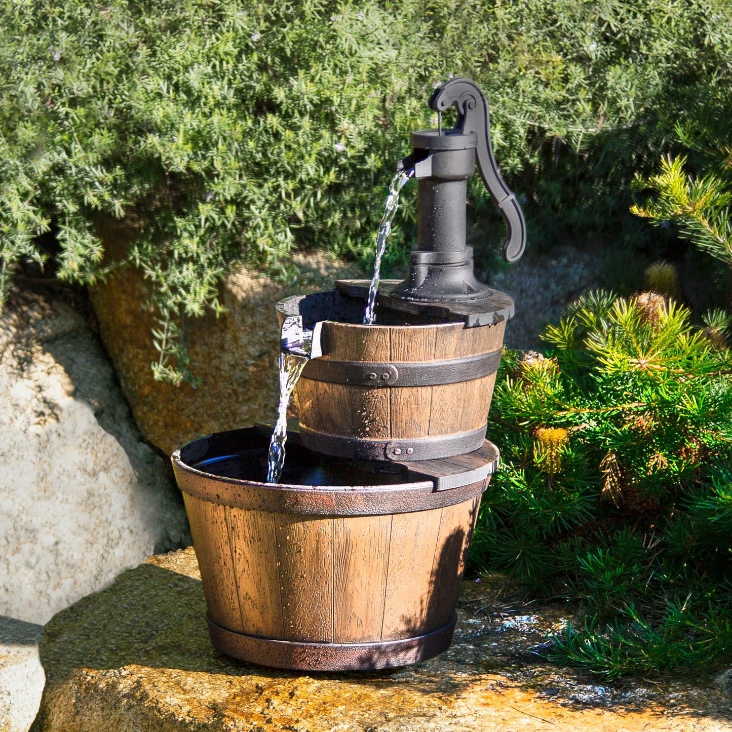 Northcote Pottery Oakden Barrel Water Fountain 48x67cm HDR Resin, Low Voltage Pump