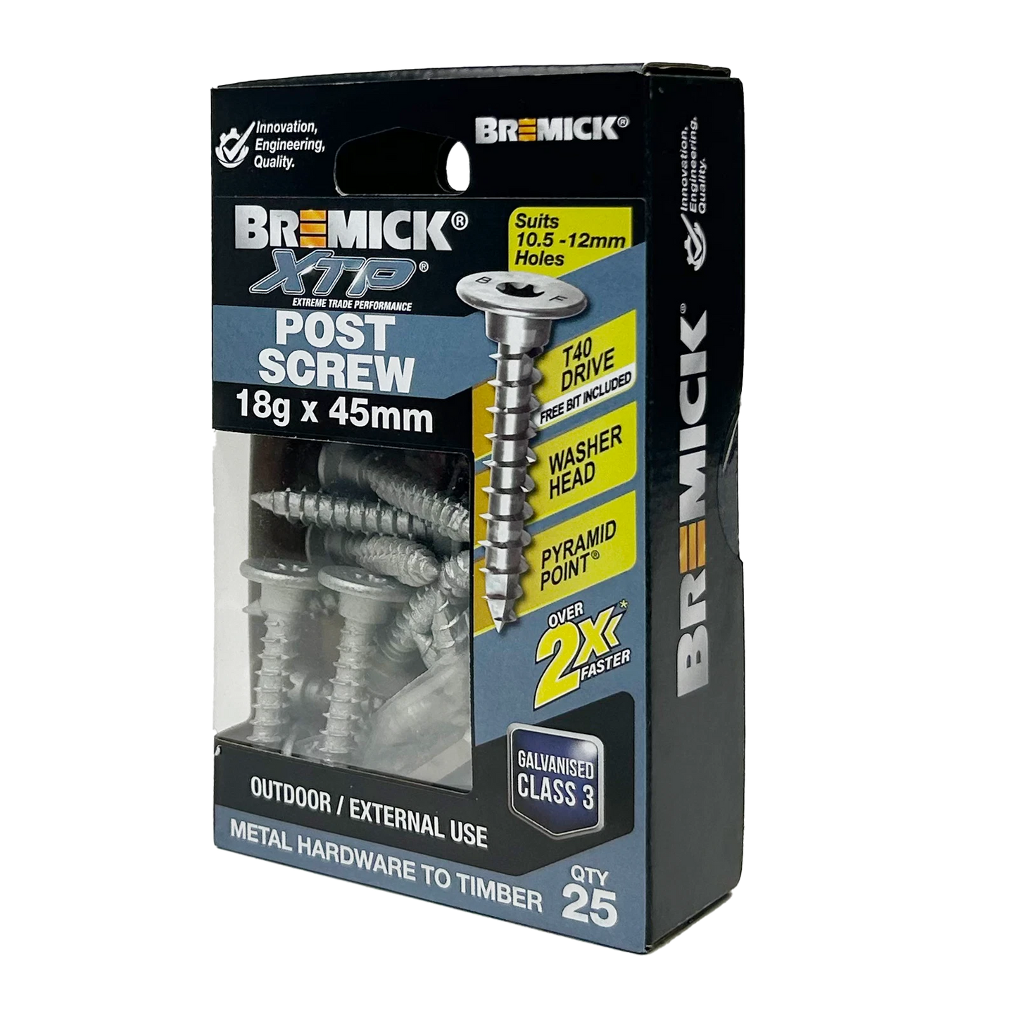 Bremick XTP Galvanized Post Screw 18g x 45mm T40, Washer Head, Pyramid Point, 25 Pack